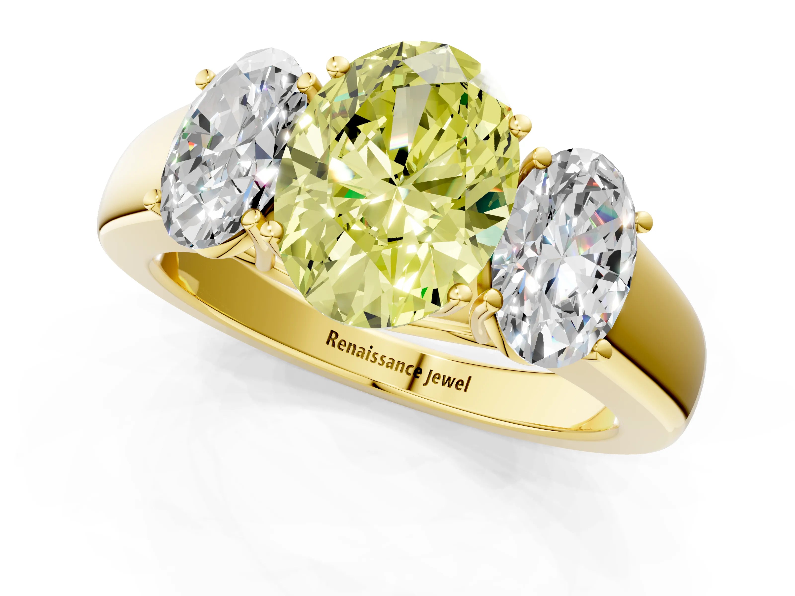 Yellow gold Three-Stone Fancy Yellow Oval Cut Cut Diamond Ring with Prong Setting and Classic Band_1
