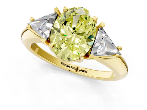 Yellow gold Three-Stone Fancy Yellow Oval Cut Cut Diamond Ring with Trillion Side Stones and Four-Prong Setting_4
