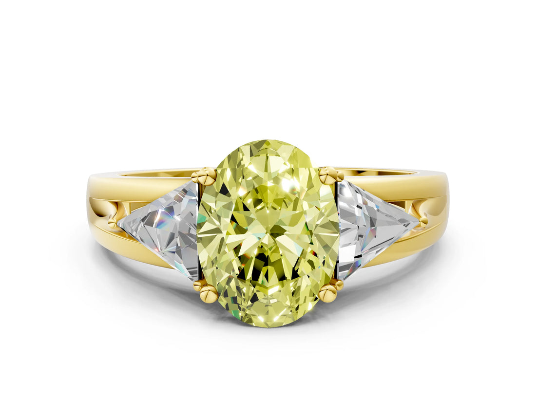 Yellow gold Three-Stone Fancy Yellow Oval Cut Cut Diamond Ring with Trillion Side Stones on a Split Shank Band