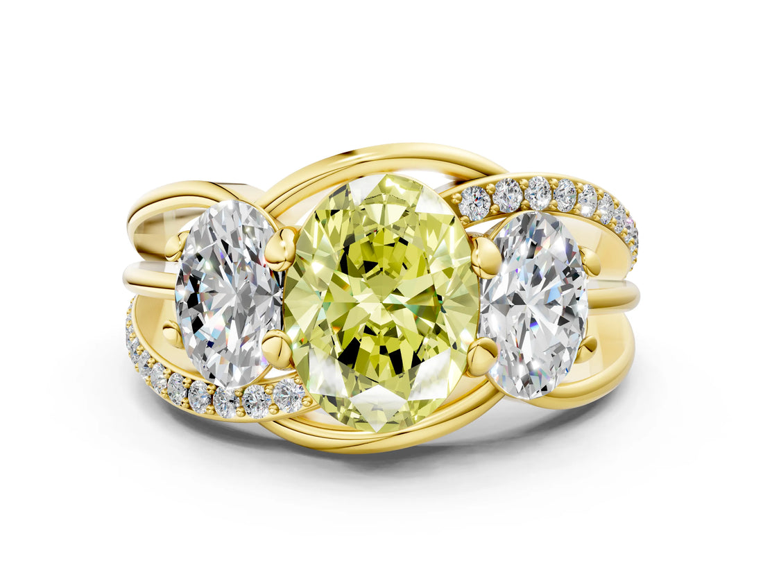 Yellow gold Three-Stone Fancy Yellow Oval Cut Cut Diamond Split Shank Prong Set Ring