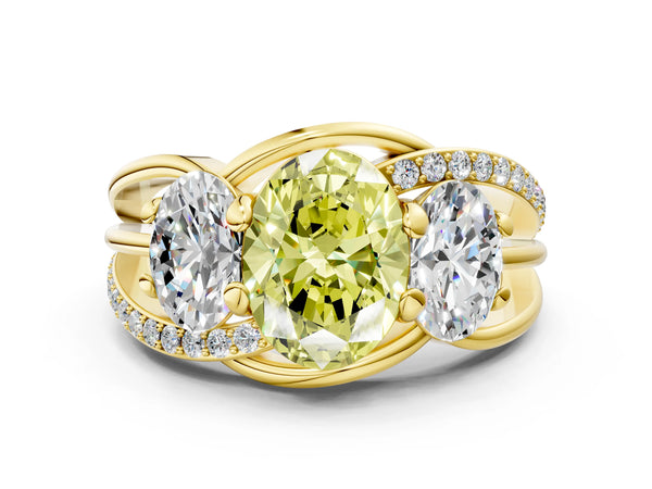 Yellow Gold Oval Three Stone Split Shank Engagement Ring Setting for Fancy Yellow Center