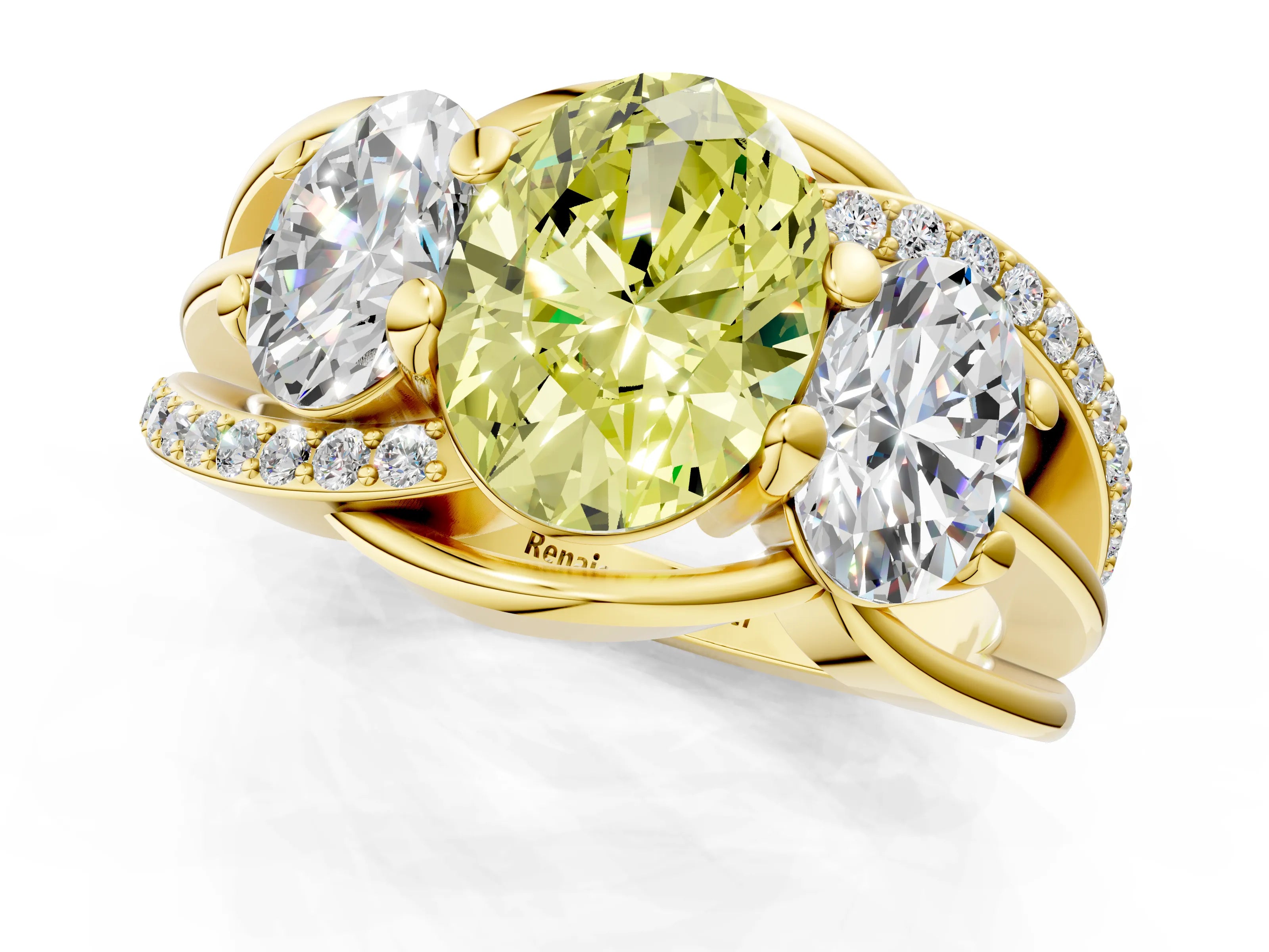 Yellow gold Three-Stone Fancy Yellow Oval Cut Cut Diamond Split Shank Prong Set Ring_1