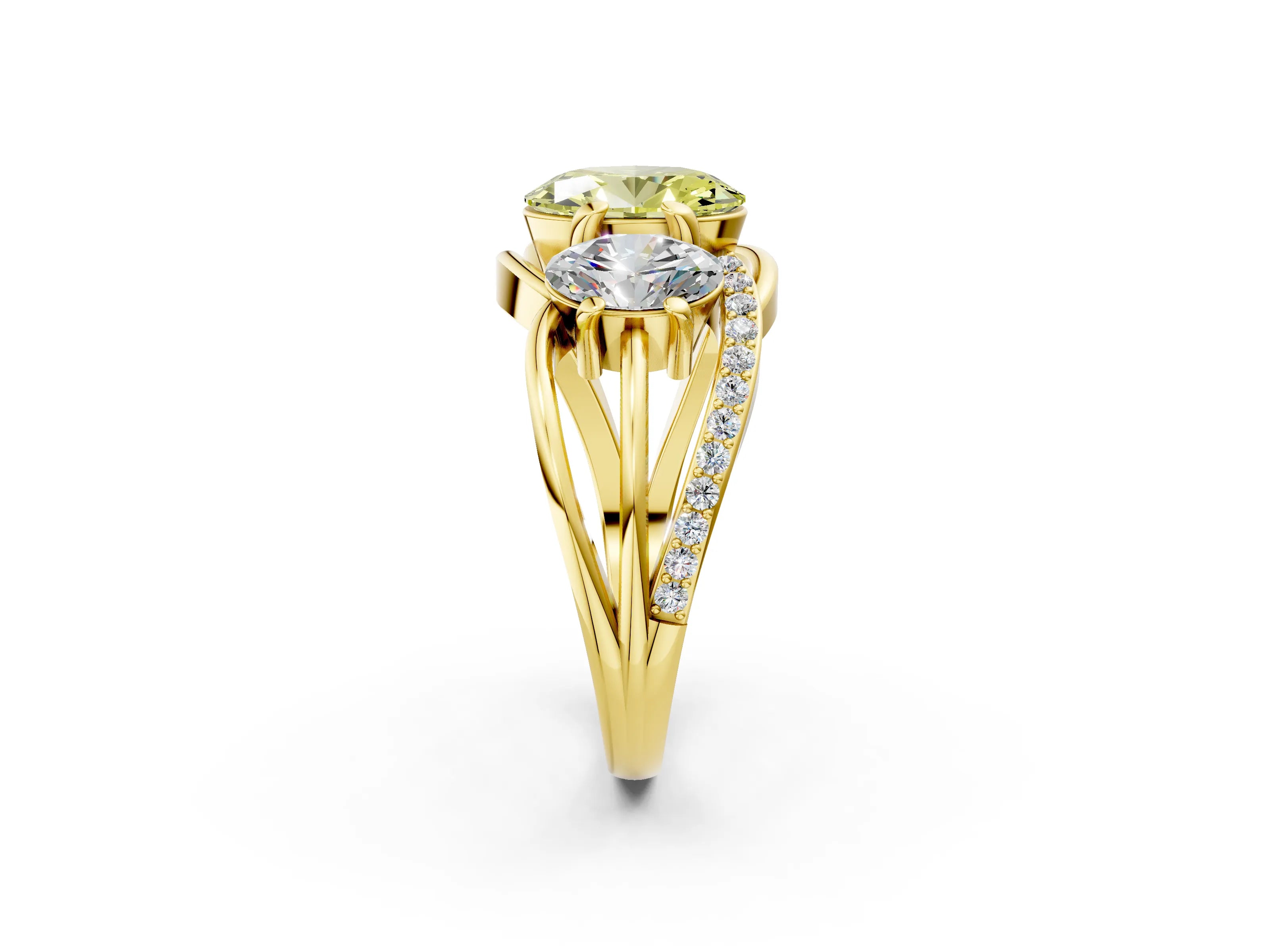 Yellow gold Three-Stone Fancy Yellow Oval Cut Cut Diamond Split Shank Prong Set Ring_2