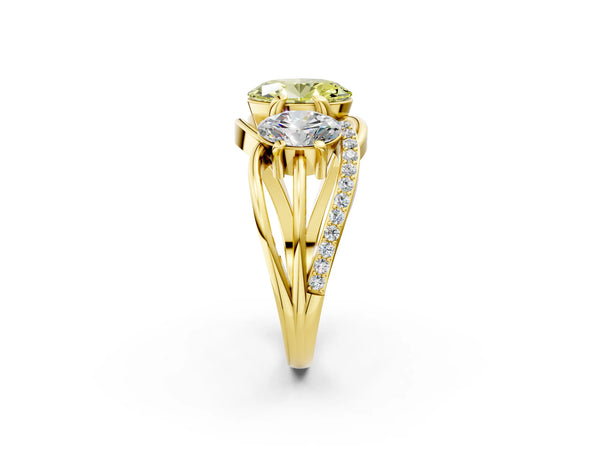 Yellow Gold Oval Three Stone Split Shank Engagement Ring Setting for Fancy Yellow Center