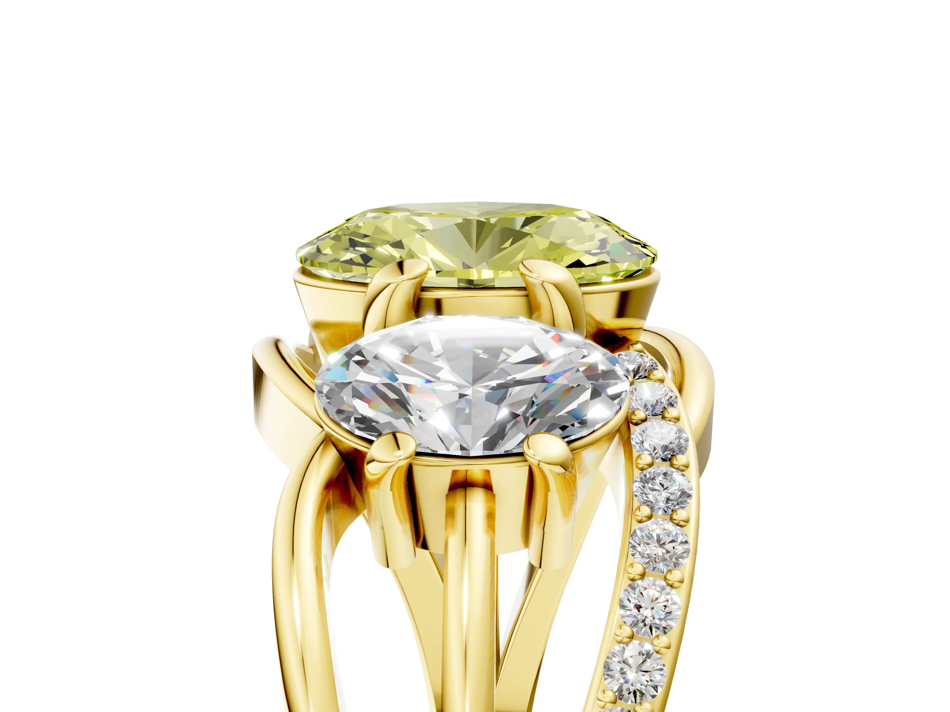 Yellow gold Three-Stone Fancy Yellow Oval Cut Cut Diamond Split Shank Prong Set Ring_5