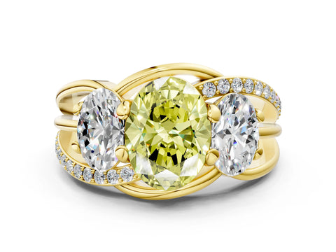 Yellow gold Three-Stone Fancy Yellow Oval Cut Cut Diamond Split Shank Prong Set Ring