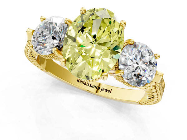 Yellow Gold Oval Vintage Three Stone Engagement Ring Setting for Fancy Yellow Center