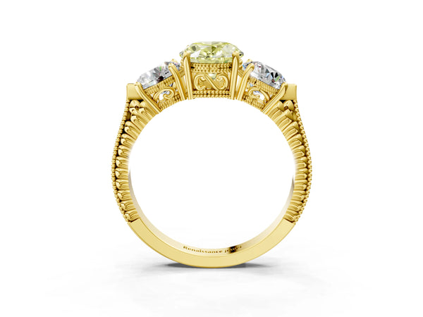 Yellow Gold Oval Vintage Three Stone Engagement Ring Setting for Fancy Yellow Center