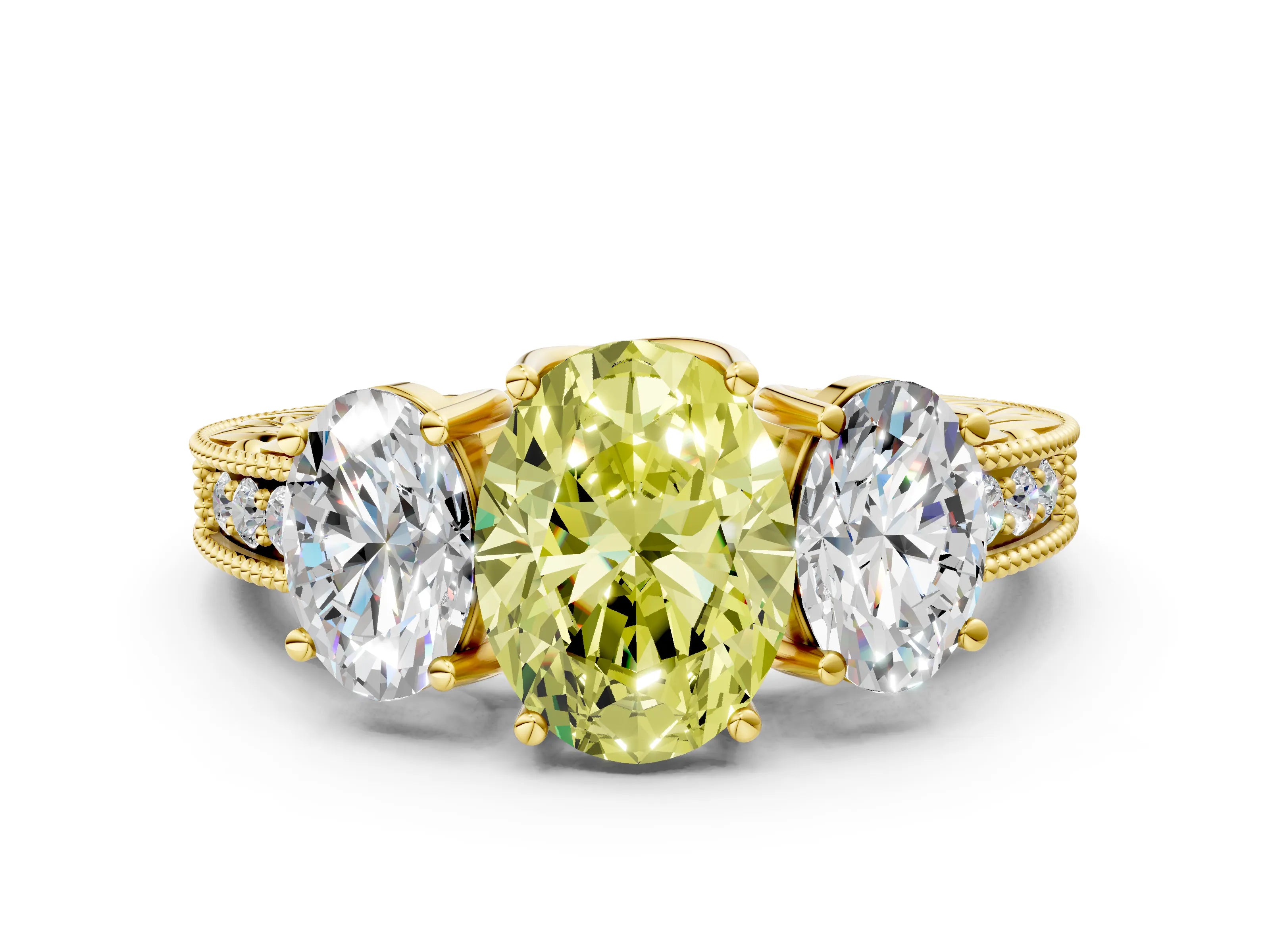 Yellow gold Three-Stone Fancy Yellow Oval Cut Cut Milgrain Pavé Engagement Ring