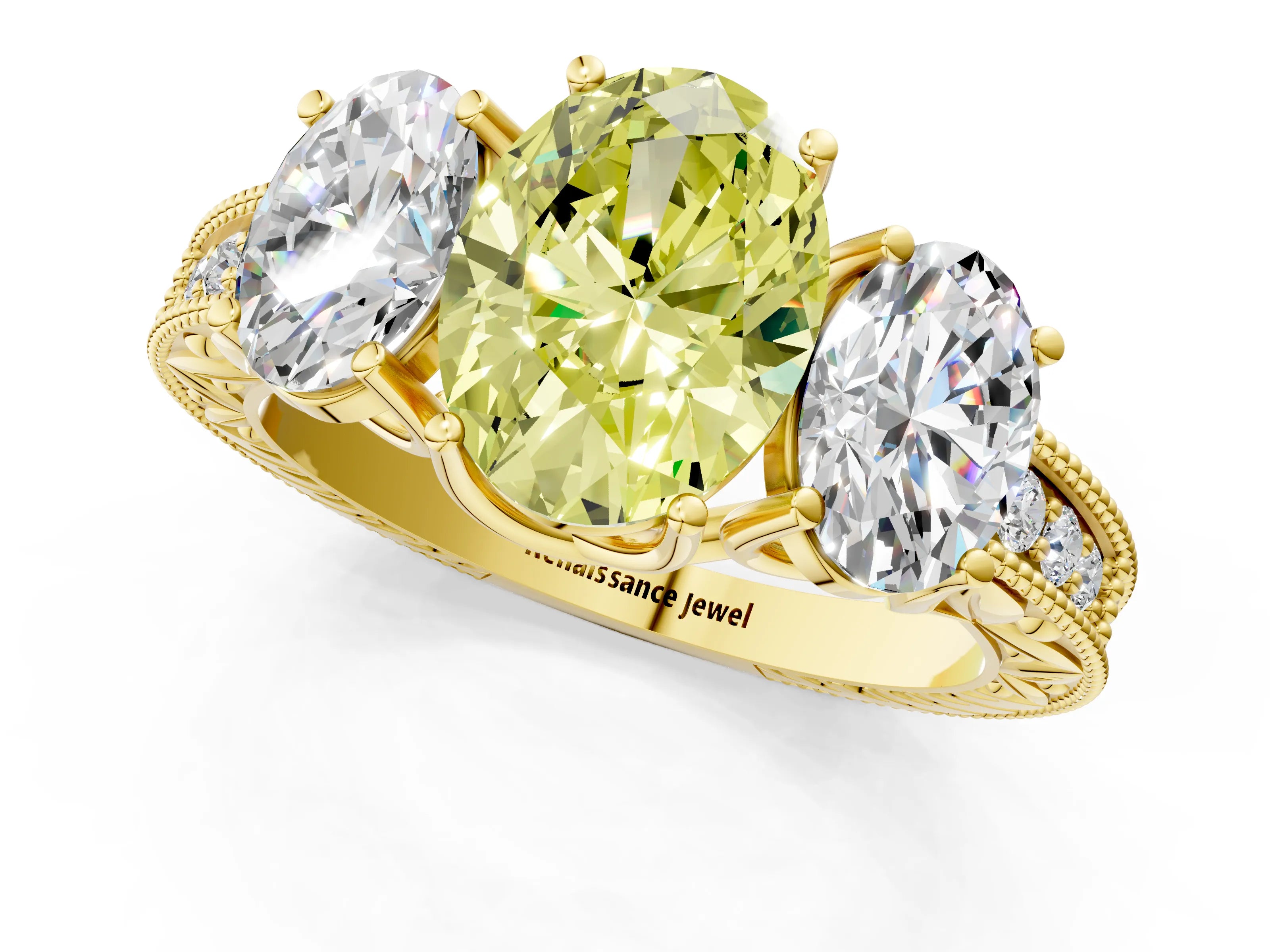 Yellow gold Three-Stone Fancy Yellow Oval Cut Cut Milgrain Pavé Engagement Ring_1