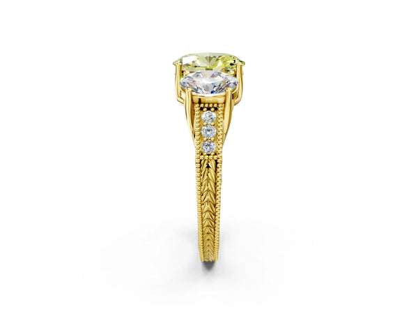 Yellow Gold Oval Engraved Three Stone Engagement Ring Setting for Fancy Yellow Center