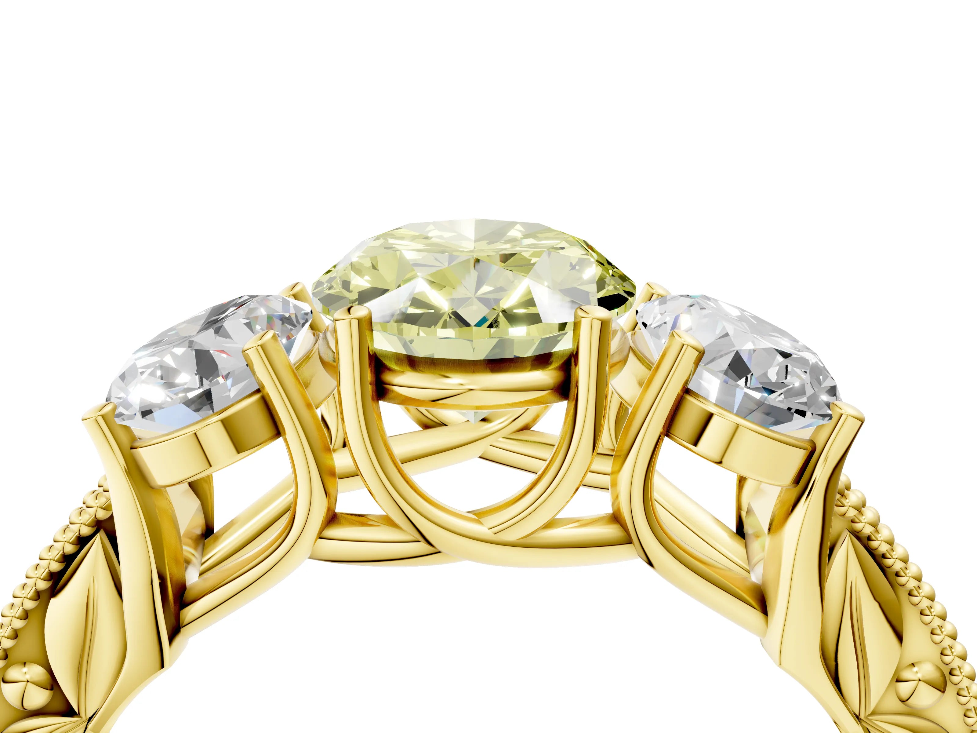 Yellow gold Three-Stone Fancy Yellow Oval Cut Cut Milgrain Pavé Engagement Ring_16
