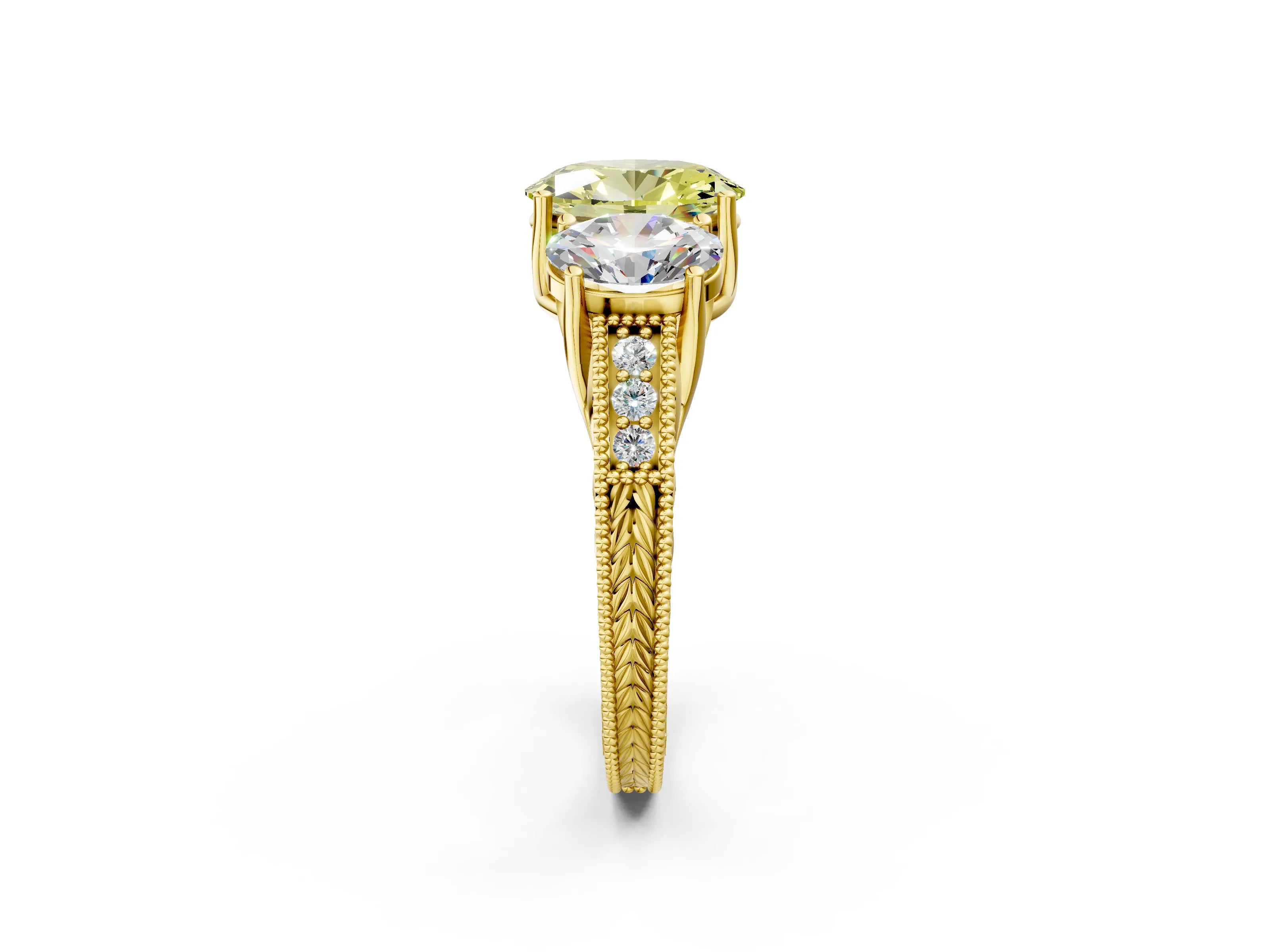 Yellow gold Three-Stone Fancy Yellow Oval Cut Cut Milgrain Pavé Engagement Ring_2