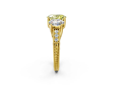 Yellow gold Three-Stone Fancy Yellow Oval Cut Cut Milgrain Pavé Engagement Ring_2