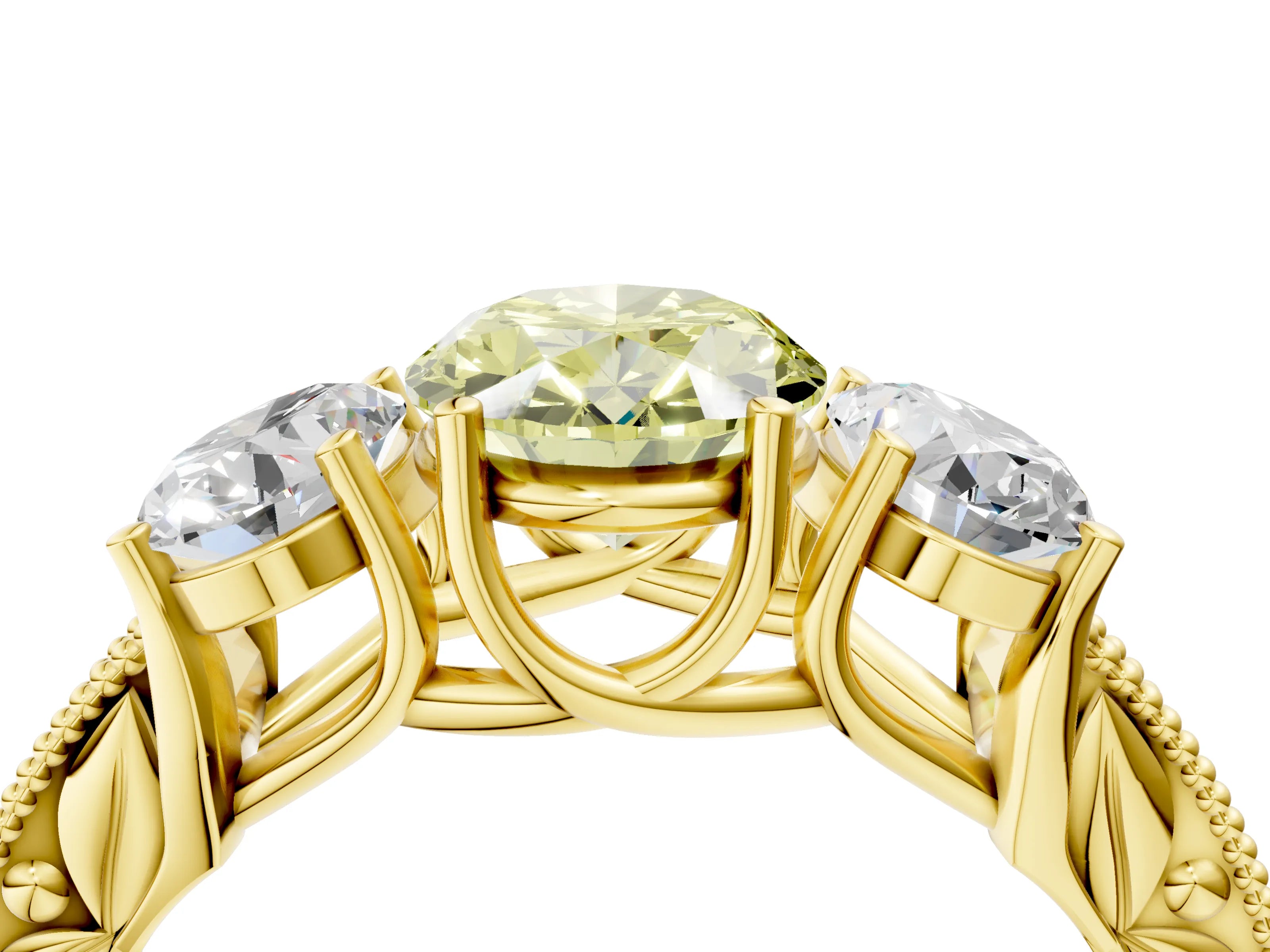 Yellow gold Three-Stone Fancy Yellow Oval Cut Cut Milgrain Pavé Engagement Ring_4