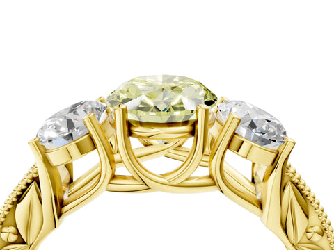 Yellow gold Three-Stone Fancy Yellow Oval Cut Cut Milgrain Pavé Engagement Ring_4