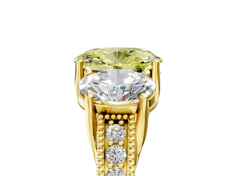 Yellow gold Three-Stone Fancy Yellow Oval Cut Cut Milgrain Pavé Engagement Ring_5