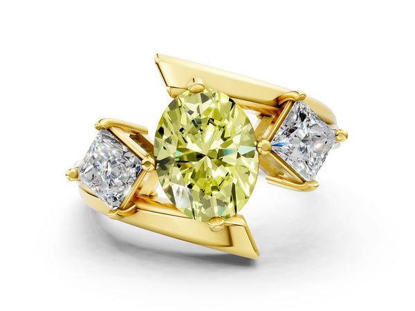Yellow gold Three-Stone Fancy Yellow Oval Cut Cut Tension Band Ring with Four-Prong Setting