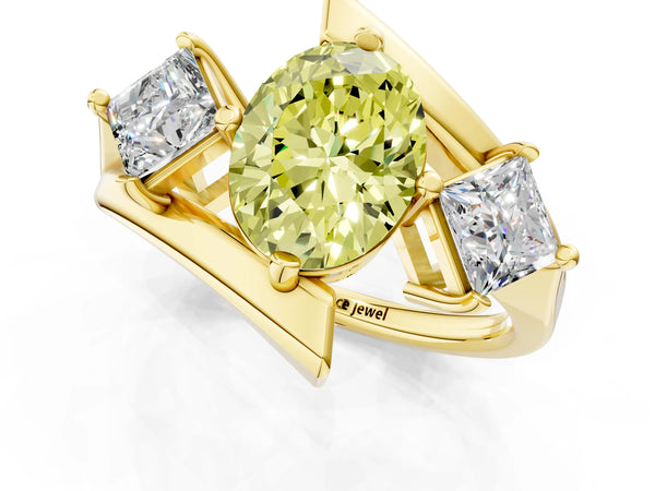 Yellow gold Three-Stone Fancy Yellow Oval Cut Cut Tension Band Ring with Four-Prong Setting