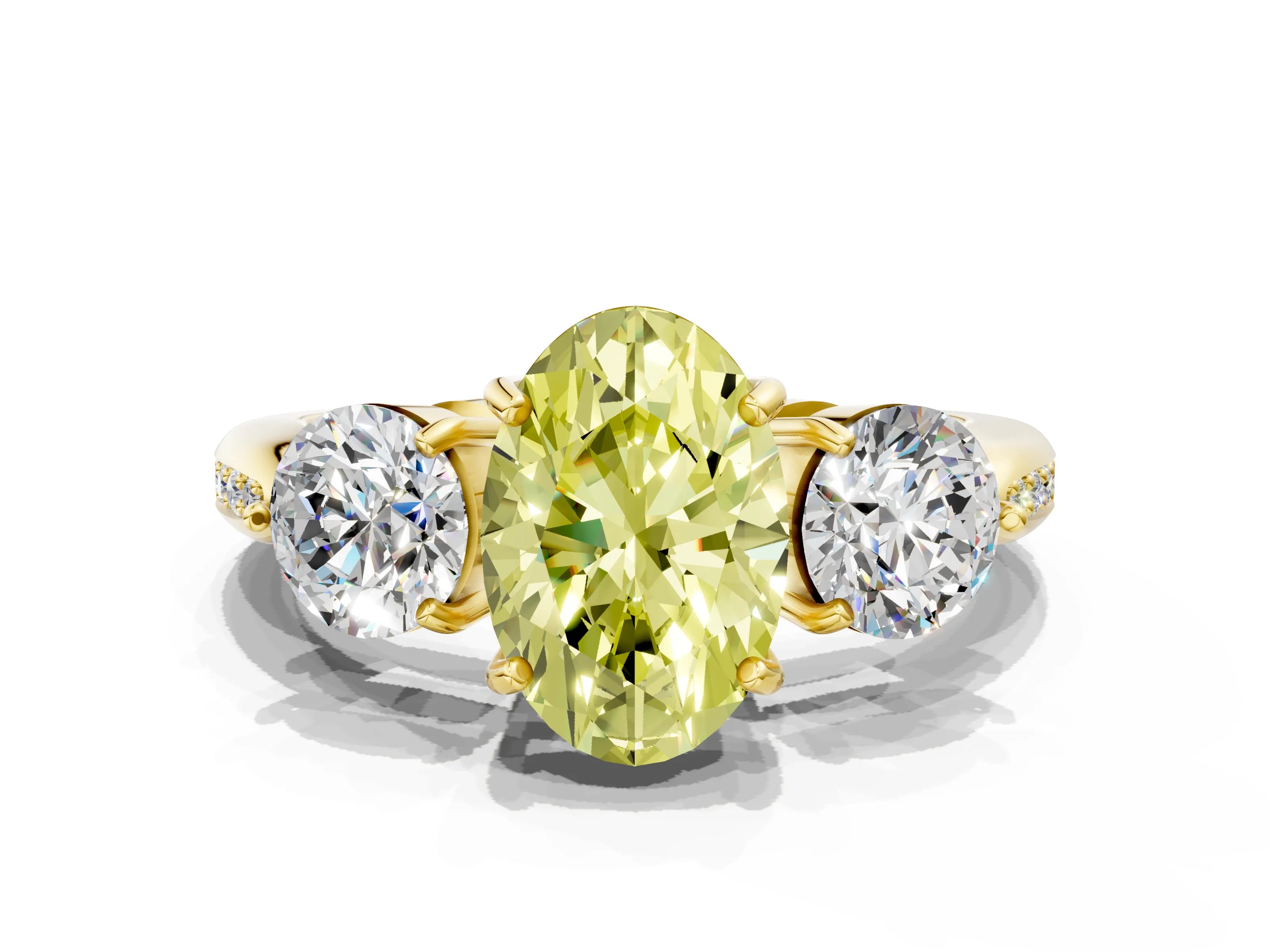 Yellow gold Three-Stone Fancy Yellow Oval Cut Diamond Channel Set Engagement Ring with Prong Setting