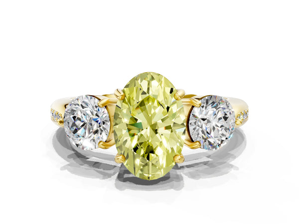 Yellow gold Three-Stone Fancy Yellow Oval Cut Diamond Channel Set Engagement Ring with Prong Setting