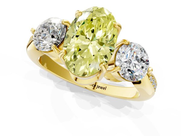 Yellow gold Three-Stone Fancy Yellow Oval Cut Diamond Channel Set Engagement Ring with Prong Setting