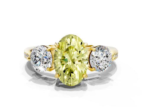 Yellow gold Three-Stone Fancy Yellow Oval Cut Diamond Channel Set Engagement Ring with Prong Setting