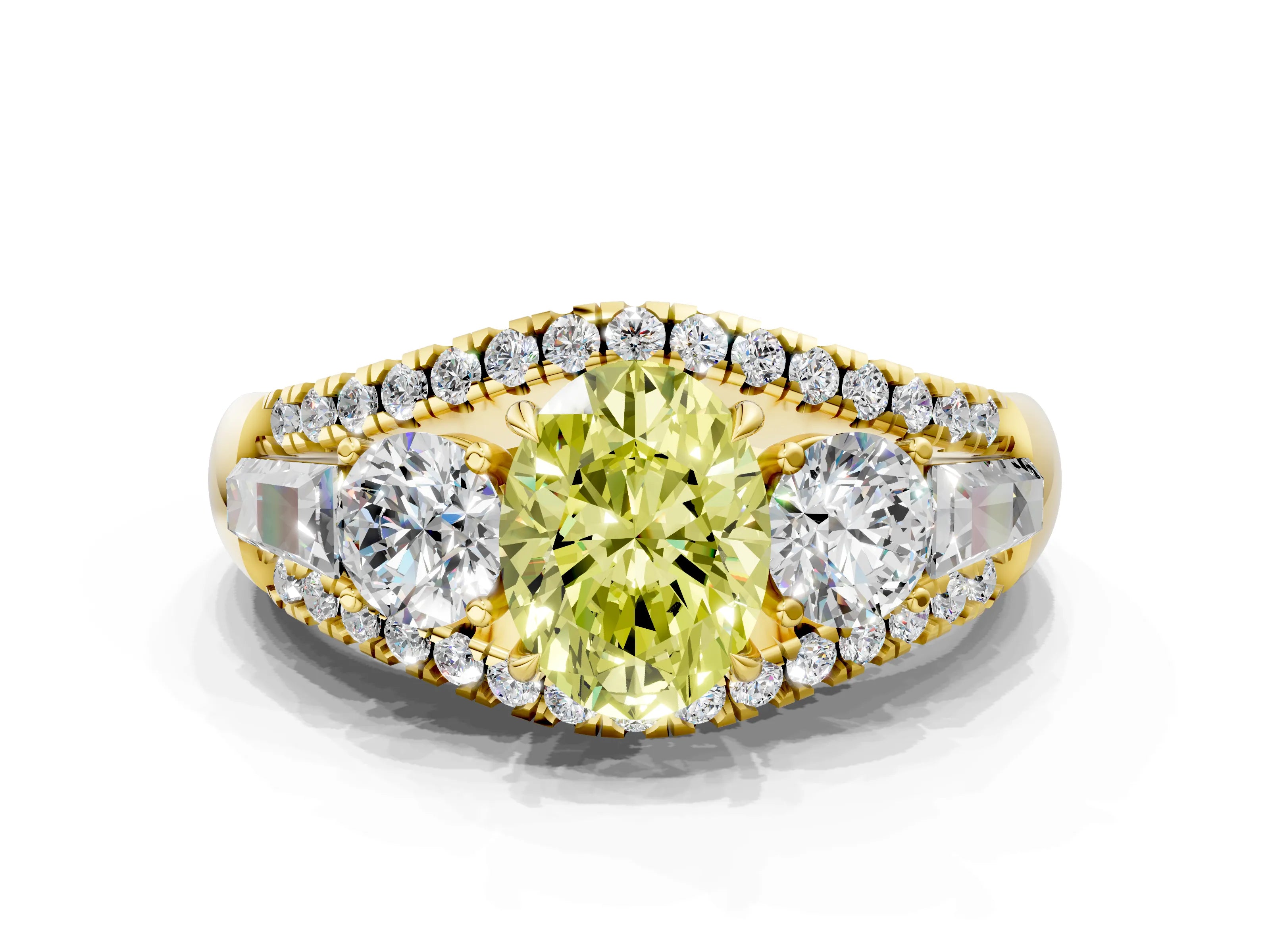 Yellow gold Three-Stone Fancy Yellow Oval Cut Diamond Engagement Ring with Pave Band and Prong Setting