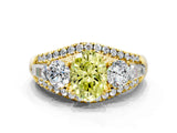 Yellow gold Three-Stone Fancy Yellow Oval Cut Diamond Engagement Ring with Pave Band and Prong Setting