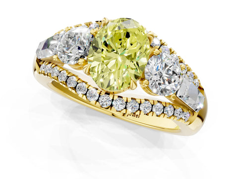Yellow gold Three-Stone Fancy Yellow Oval Cut Diamond Engagement Ring with Pave Band and Prong Setting_1