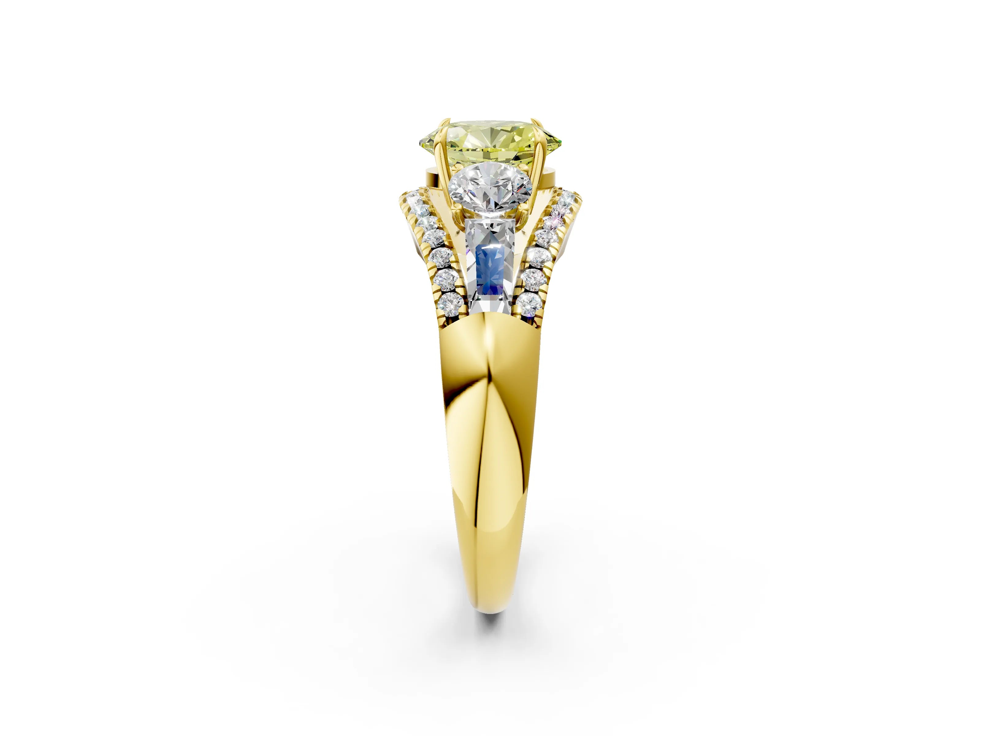 Yellow gold Three-Stone Fancy Yellow Oval Cut Diamond Engagement Ring with Pave Band and Prong Setting_2