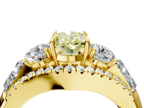 Yellow gold Three-Stone Fancy Yellow Oval Cut Diamond Engagement Ring with Pave Band and Prong Setting_4