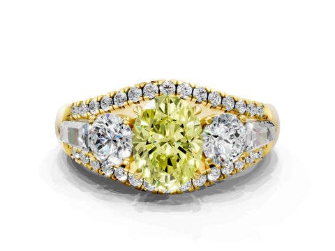 Yellow gold Three-Stone Fancy Yellow Oval Cut Diamond Engagement Ring with Pave Band and Prong Setting