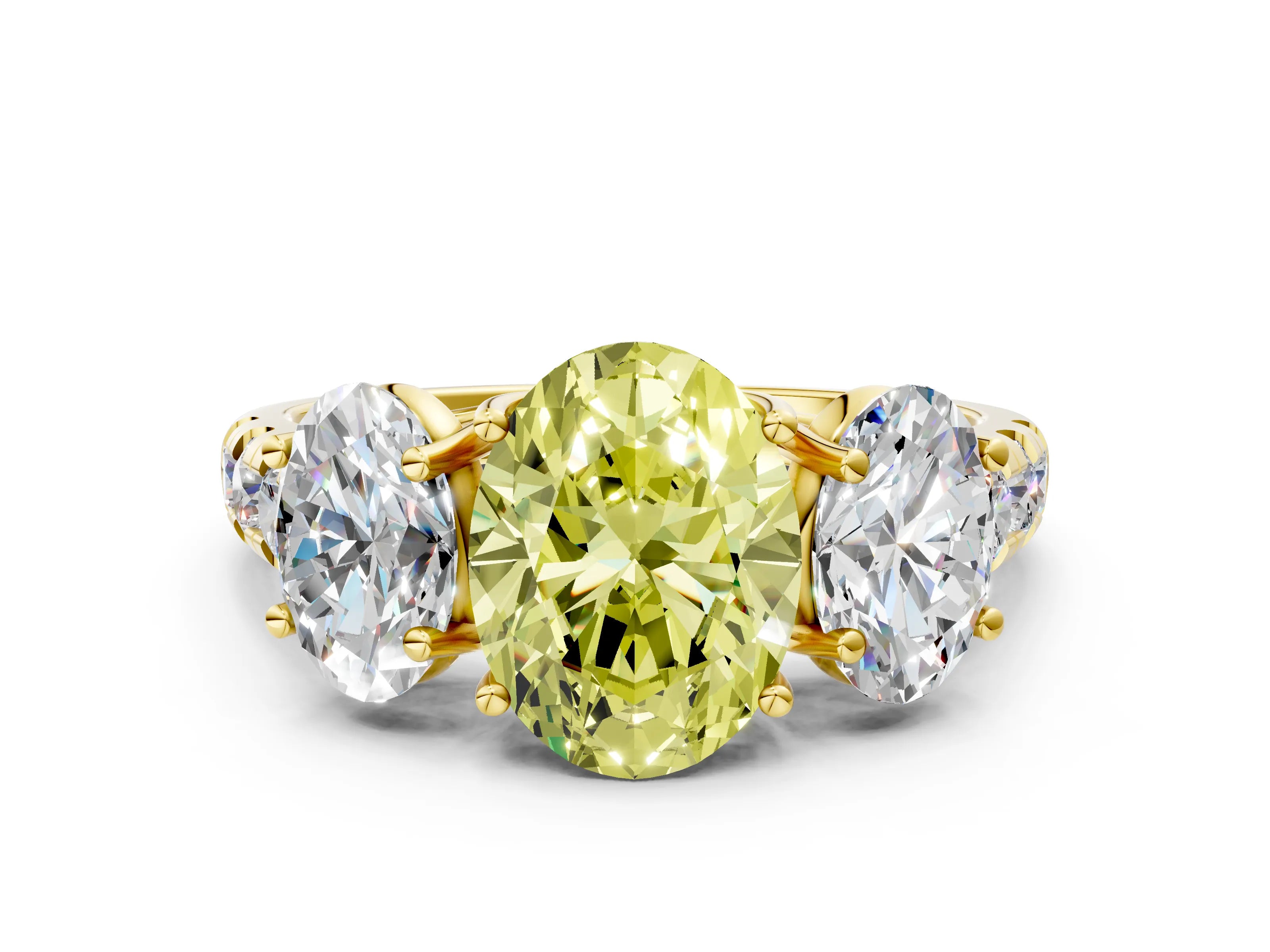Yellow gold Three-Stone Fancy Yellow Oval Cut Diamond Pavé Band with Prong Setting