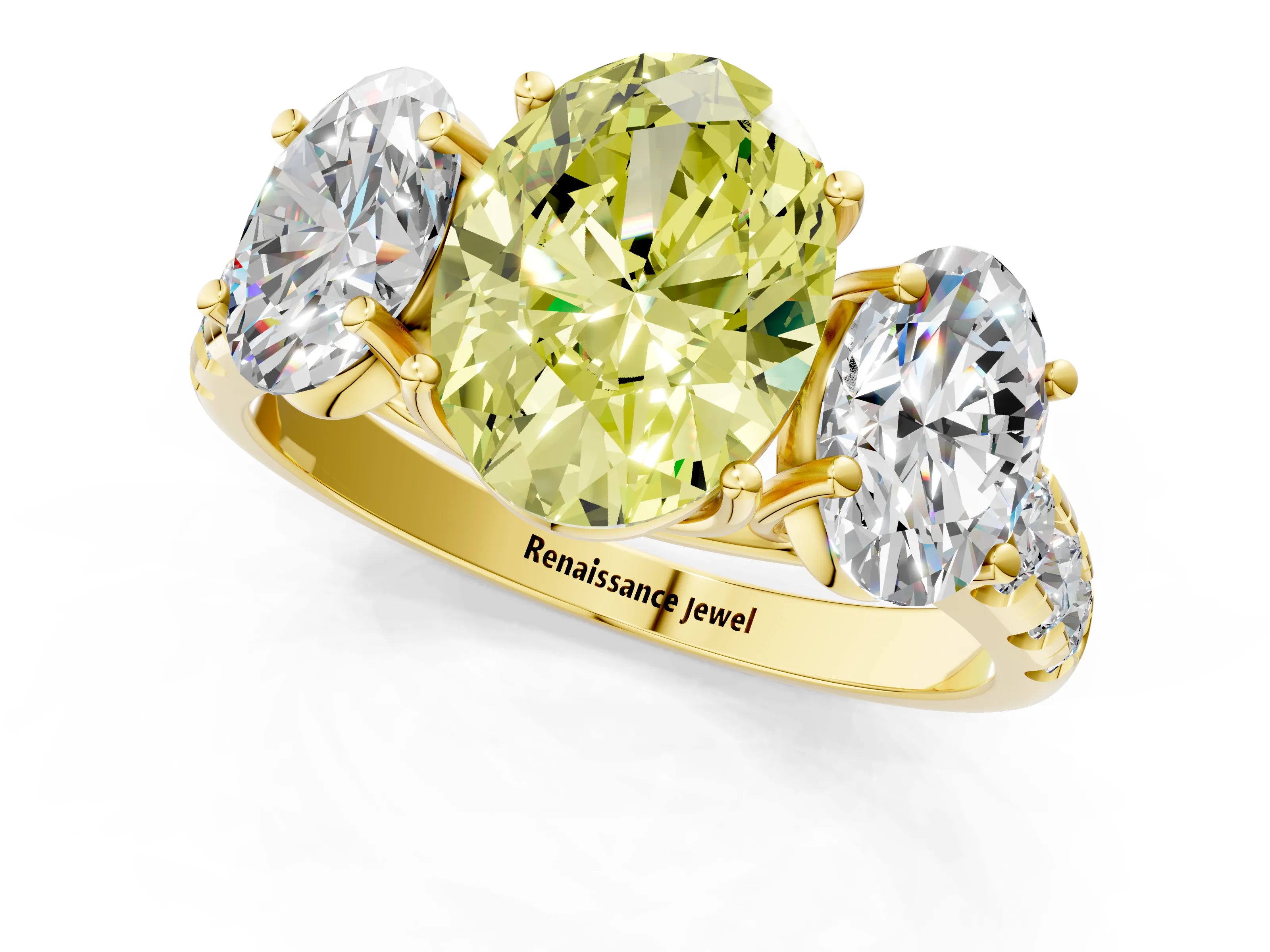 Yellow gold Three-Stone Fancy Yellow Oval Cut Diamond Pavé Band with Prong Setting_1