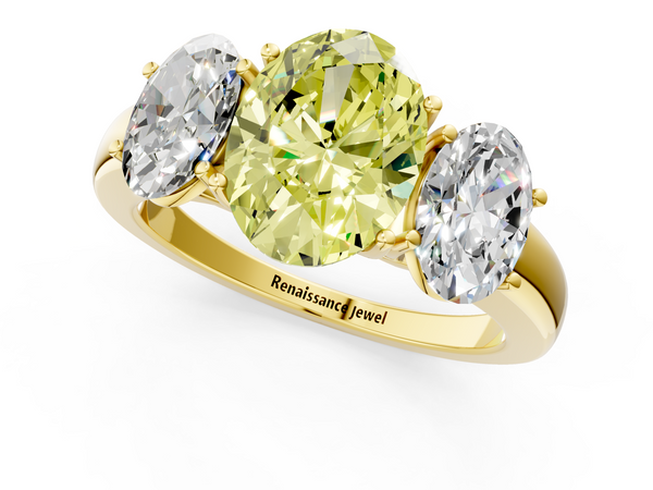Yellow gold Fancy Yellow Oval Cut Diamond Three-Stone Ring with Four-Prong Setting and Classic Band