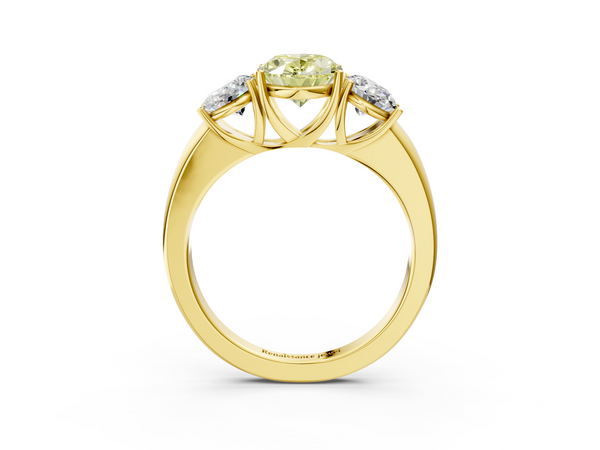 Yellow gold Fancy Yellow Oval Cut Diamond Three-Stone Ring with Four-Prong Setting and Classic Band