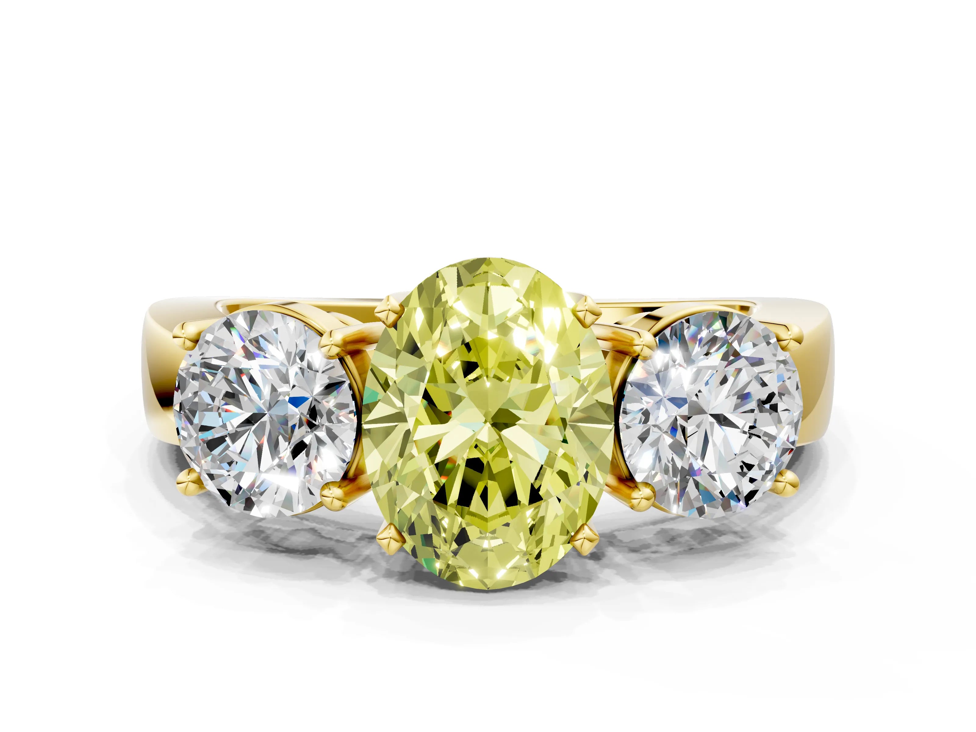 Yellow gold Three-Stone Fancy Yellow Oval Cut Diamond Ring with Round Side Stones, Classic Band, and Four-Prong Setting_12
