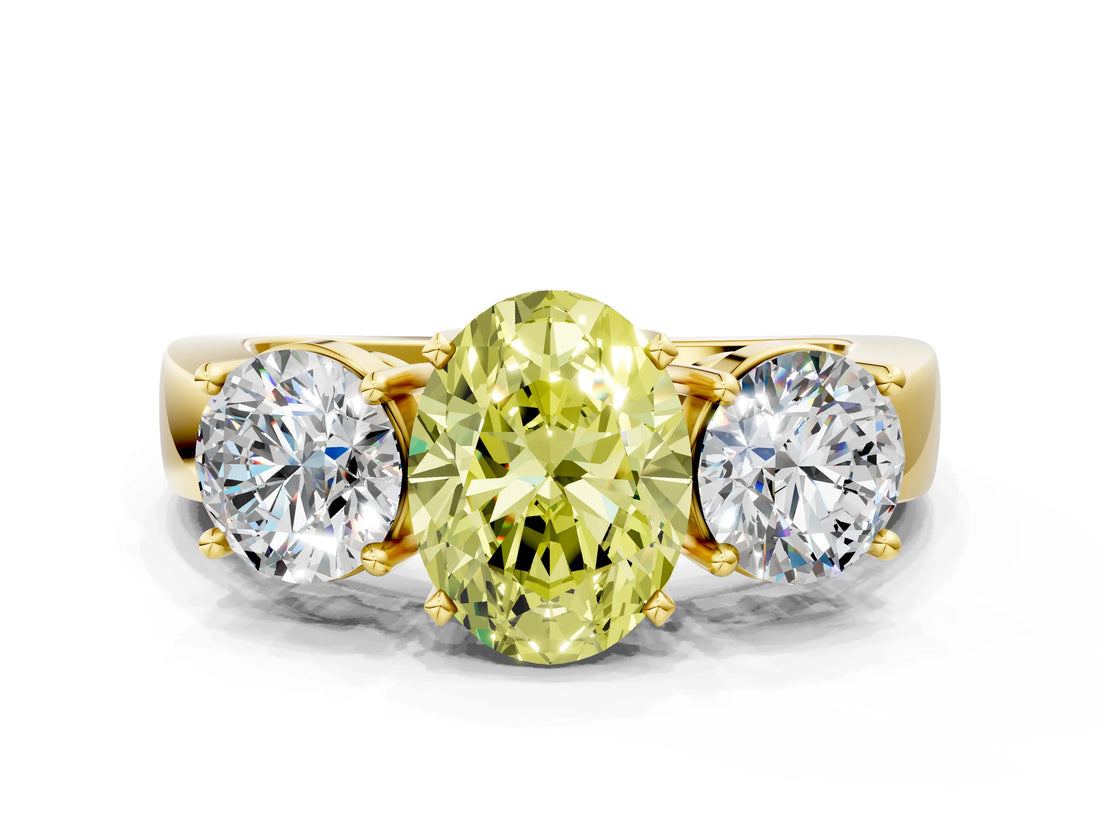 Yellow gold Three-Stone Fancy Yellow Oval Cut Diamond Ring with Round Side Stones, Classic Band, and Four-Prong Setting_12