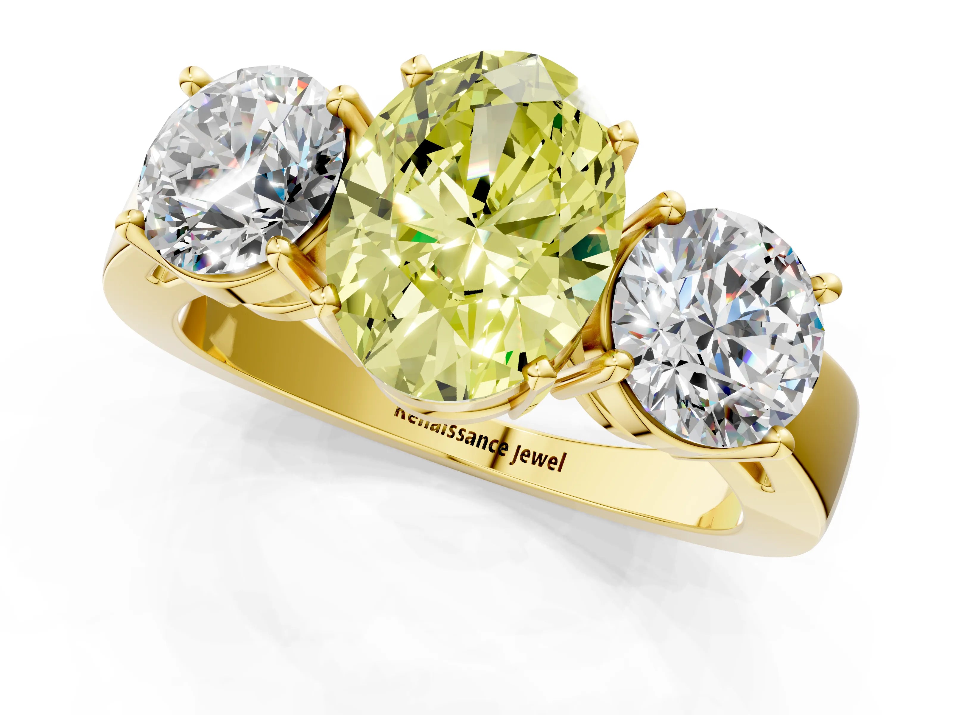 Yellow gold Three-Stone Fancy Yellow Oval Cut Diamond Ring with Round Side Stones, Classic Band, and Four-Prong Setting_13