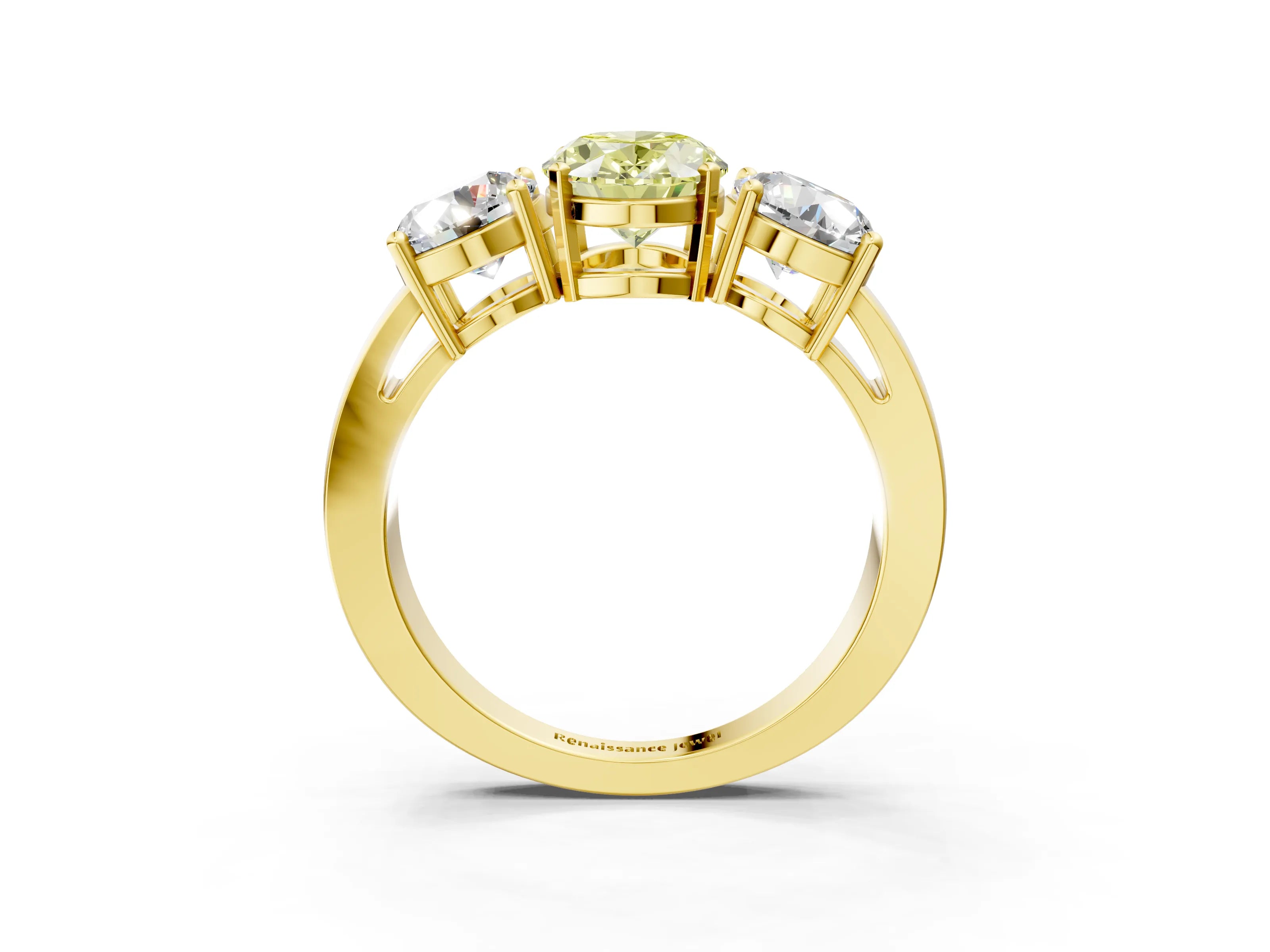 Yellow gold Three-Stone Fancy Yellow Oval Cut Diamond Ring with Round Side Stones, Classic Band, and Four-Prong Setting_15
