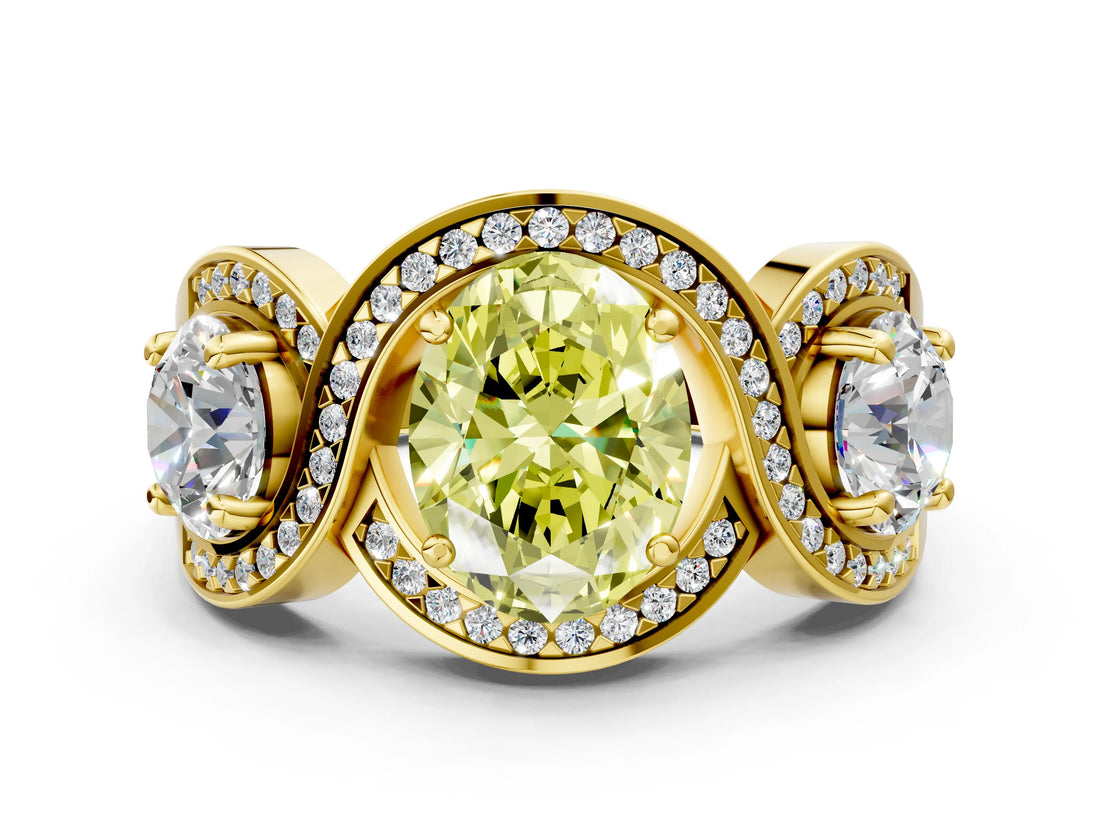 Yellow gold Three-Stone Fancy Yellow Oval Cut Diamond Wave Pave Band with Prong Setting