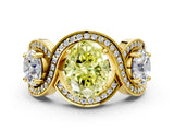 Yellow gold Three-Stone Fancy Yellow Oval Cut Diamond Wave Pave Band with Prong Setting