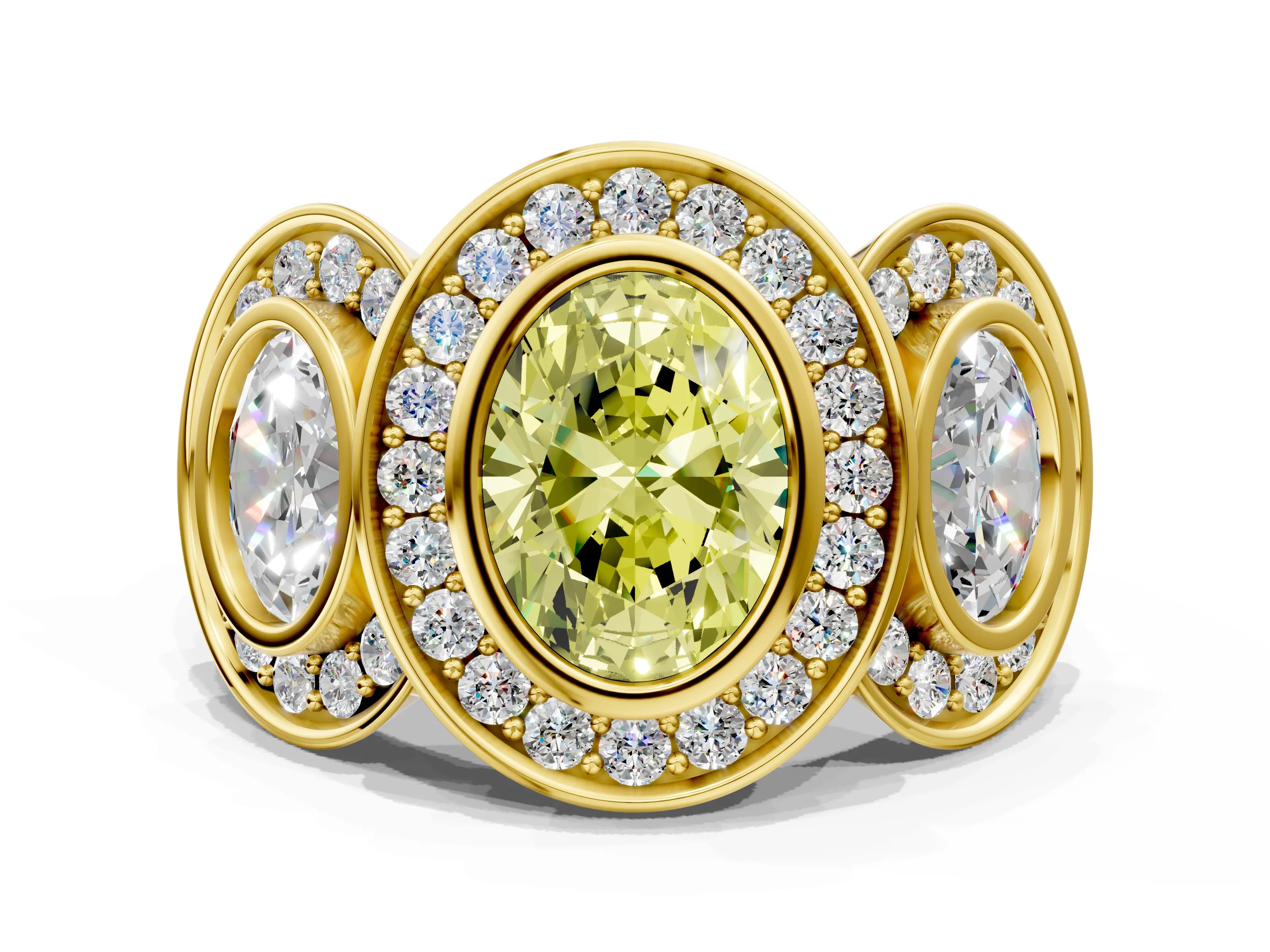 Yellow gold Three-Stone Fancy Yellow Oval Cut Halo Pavé Diamond Ring