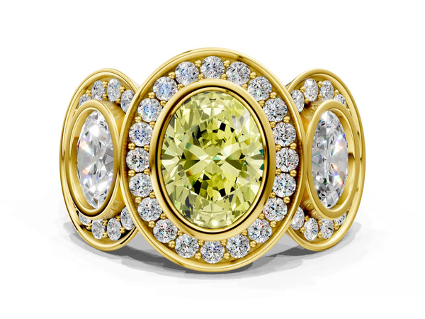 Yellow Gold Oval Bezel Three Stone Halo Engagement Ring Setting for Fancy Yellow Center