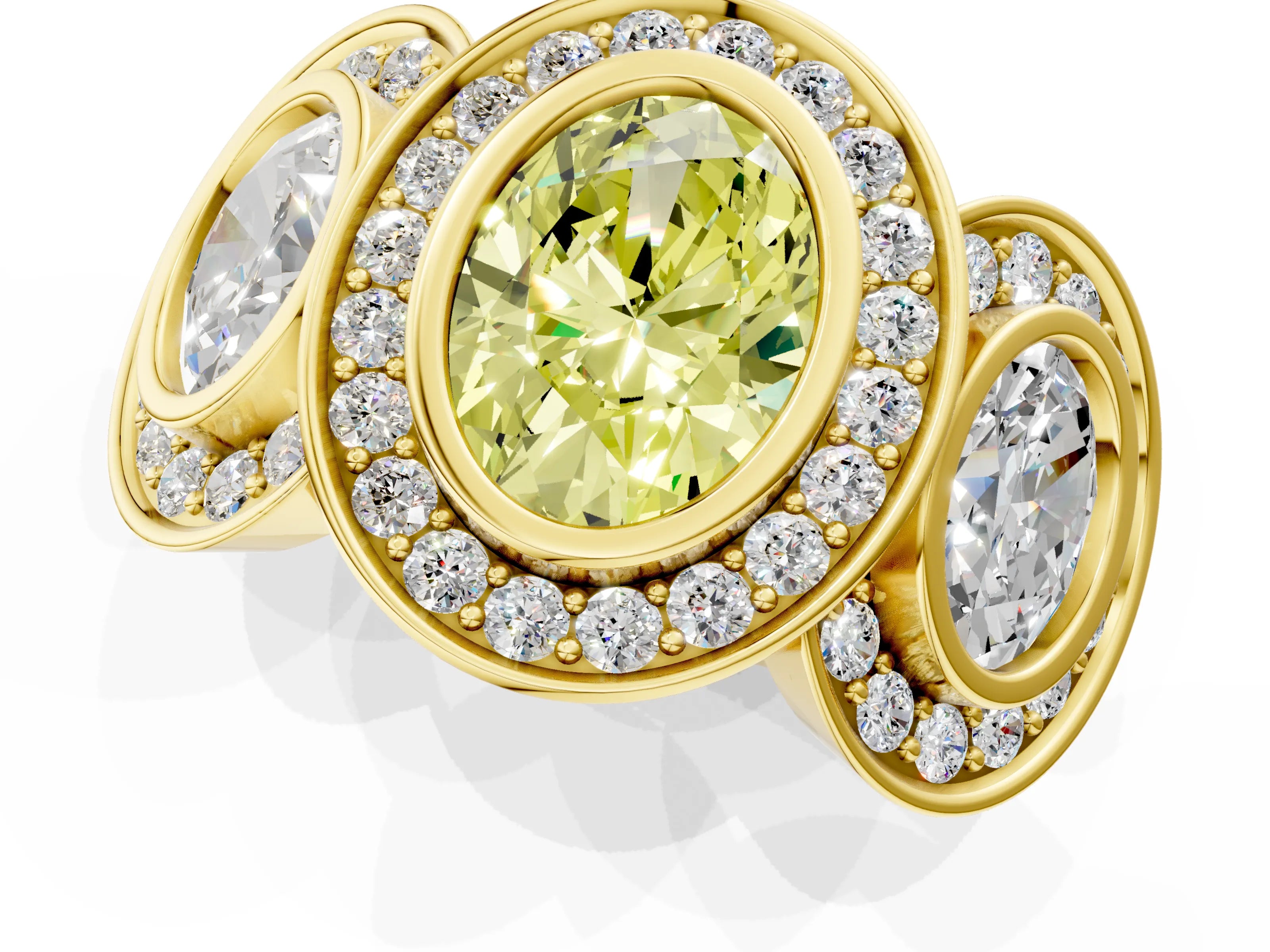 Yellow gold Three-Stone Fancy Yellow Oval Cut Halo Pavé Diamond Ring_1