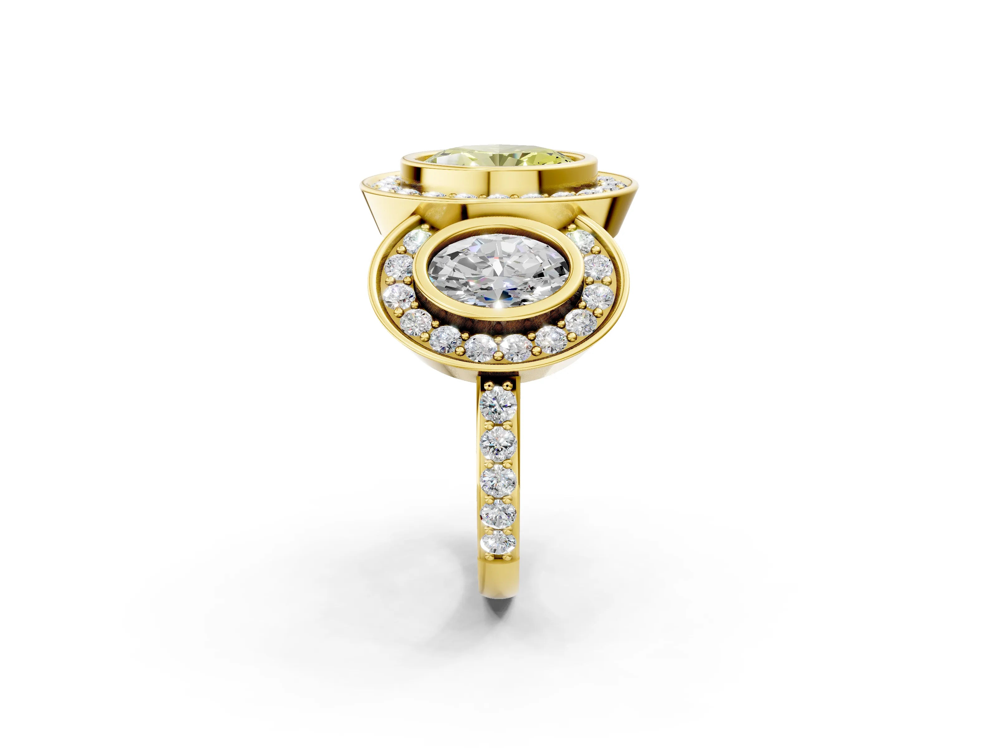 Yellow gold Three-Stone Fancy Yellow Oval Cut Halo Pavé Diamond Ring_2