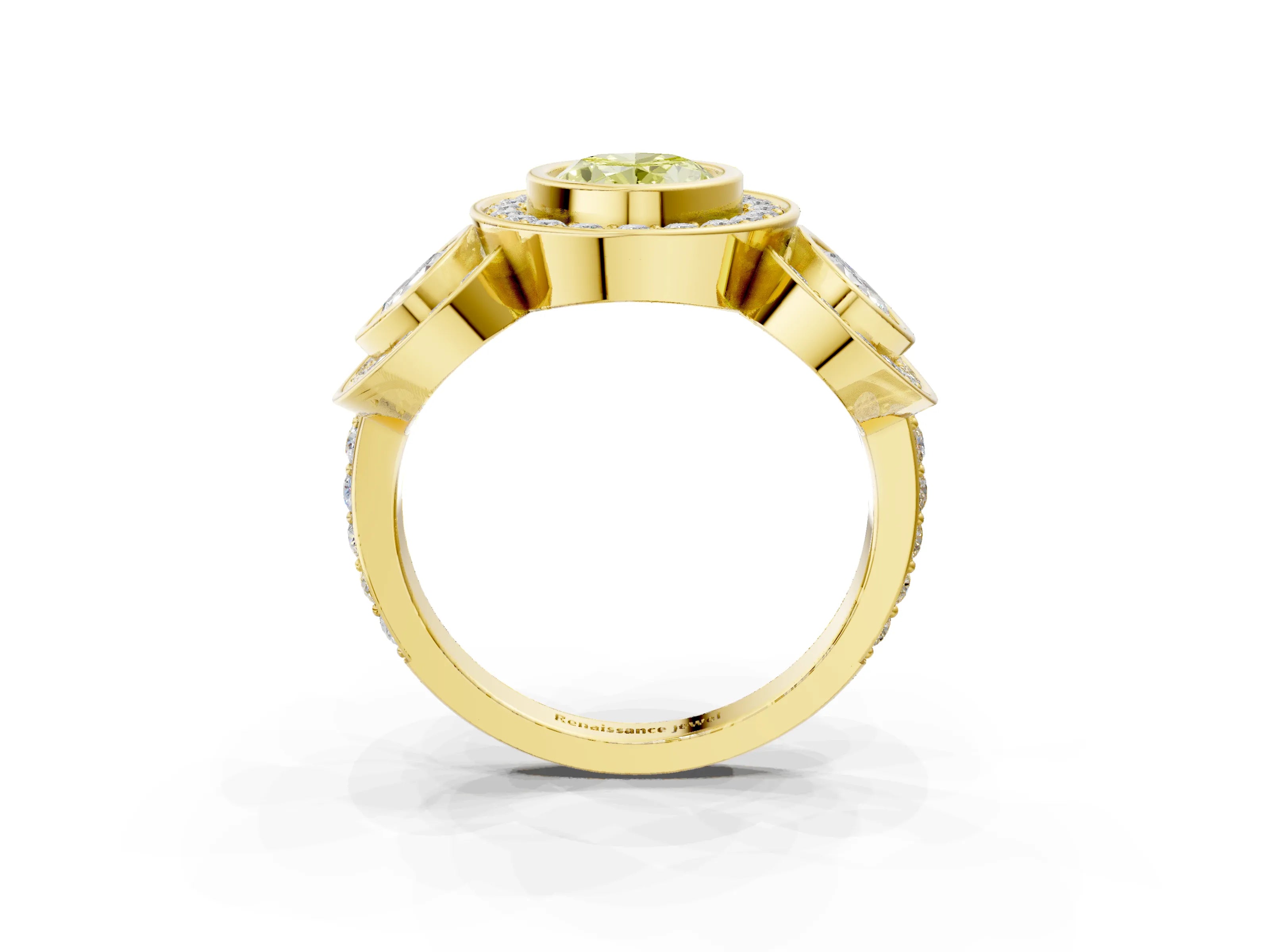 Yellow gold Three-Stone Fancy Yellow Oval Cut Halo Pavé Diamond Ring_3
