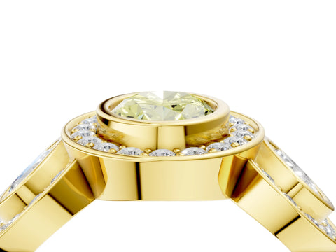 Yellow gold Three-Stone Fancy Yellow Oval Cut Halo Pavé Diamond Ring_4