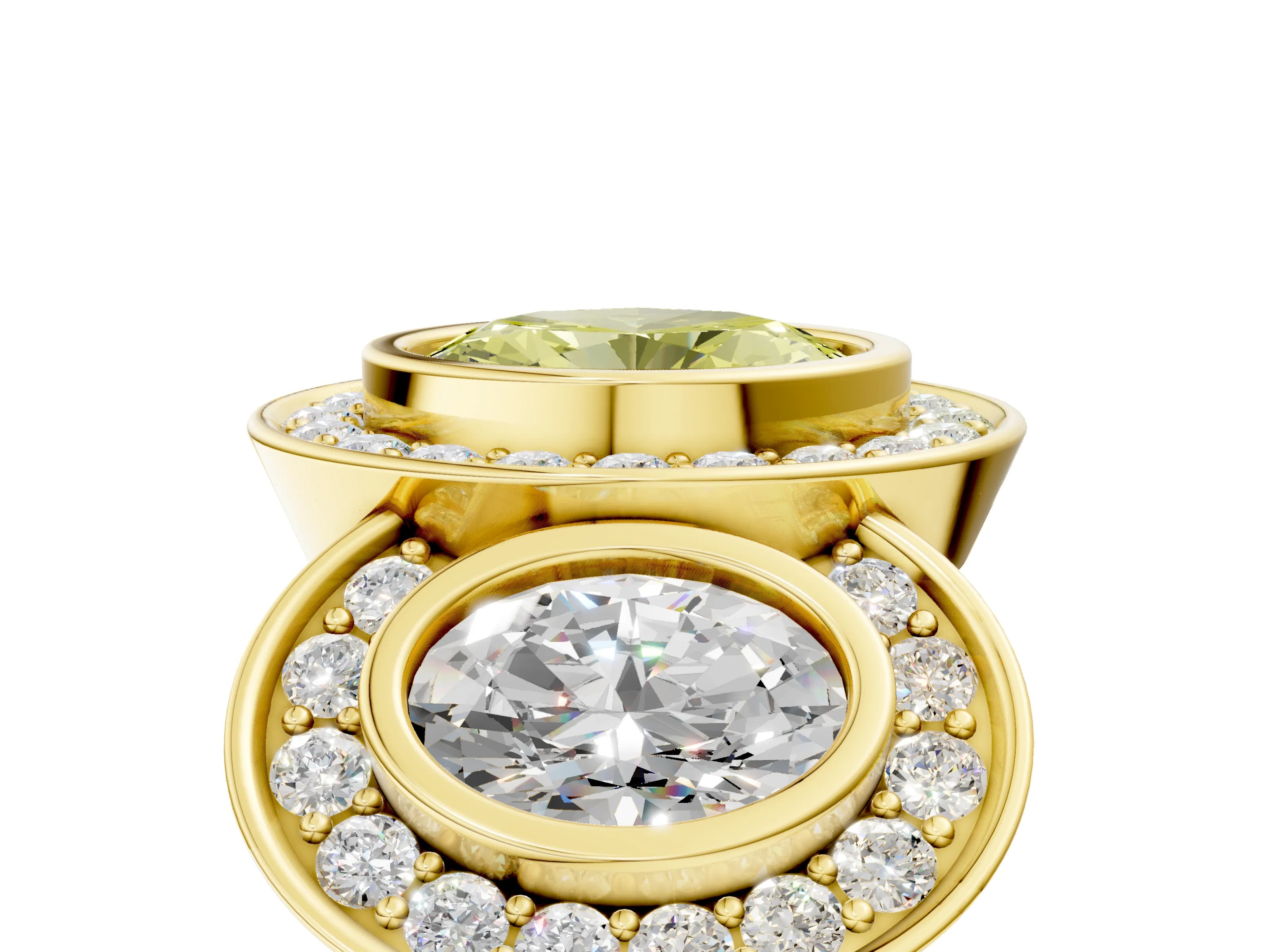 Yellow gold Three-Stone Fancy Yellow Oval Cut Halo Pavé Diamond Ring_5